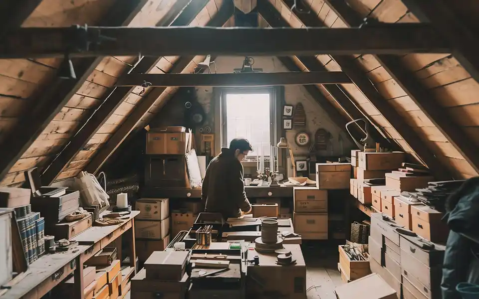 Une personne se trouve dans un grenier encombré d'étagères, de boîtes et d'objets divers, sous un plafond charpente en bois incliné, tandis que la lumière naturelle pénètre par une fenêtre située à l'extrémité.