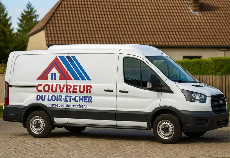 Intervention couvreur du Loir-et-cher 41 Une camionnette blanche affichant " Couvreur du Loir-et-Cher " et un site internet, stationnée sur un espace pavé devant une maison au toit de tuiles avec de la verdure, prête pour une intervention couvreur dans le Loir-et-Cher.