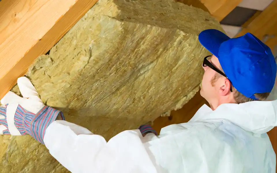 Une personne portant des gants de protection, un bonnet, des lunettes et une combinaison blanche installe une grande pièce de matériau d'isolation de toiture entre des poutres en bois dans un plafond ou un grenier.