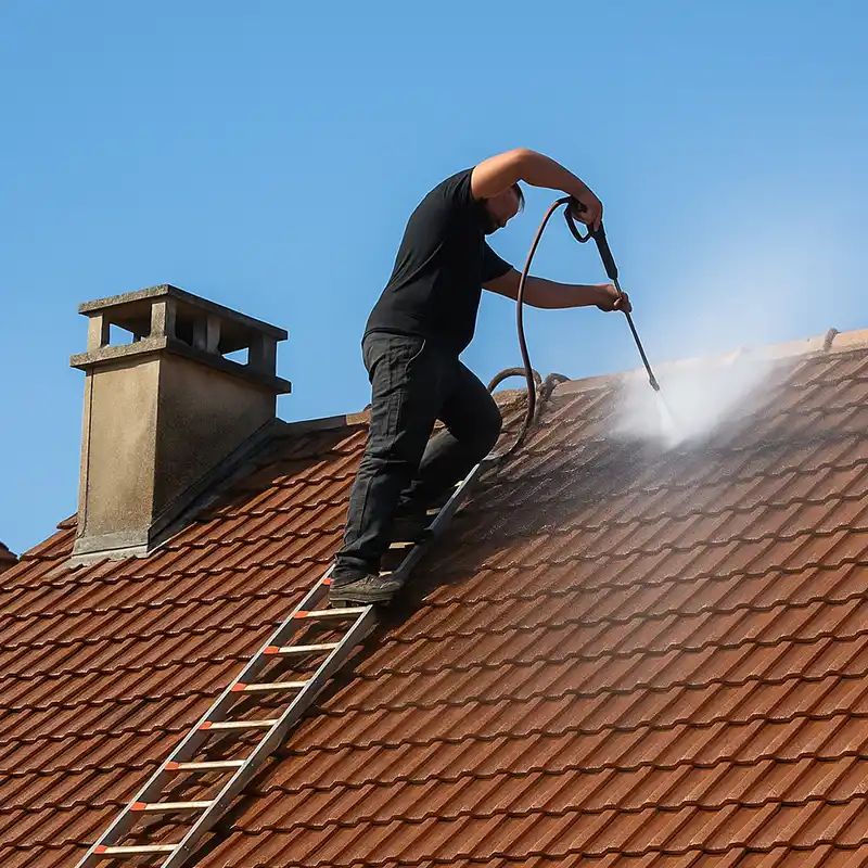 Une personne se tient sur une &eacute;chelle et utilise un nettoyeur &agrave; pression pour nettoyer le toit en tuiles rouges d'une maison sous un ciel bleu clair, montrant un nettoyage toiture dans le Loir et Cher.