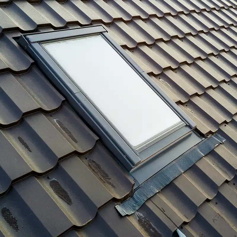 Une fen&ecirc;tre de toit rectangulaire est install&eacute;e sur un toit en pente avec des tuiles brunes se chevauchant et des solins m&eacute;talliques - illustrant une pose de fen&ecirc;tre de toit dans le 41 avec une &eacute;tanch&eacute;it&eacute; optimale.
