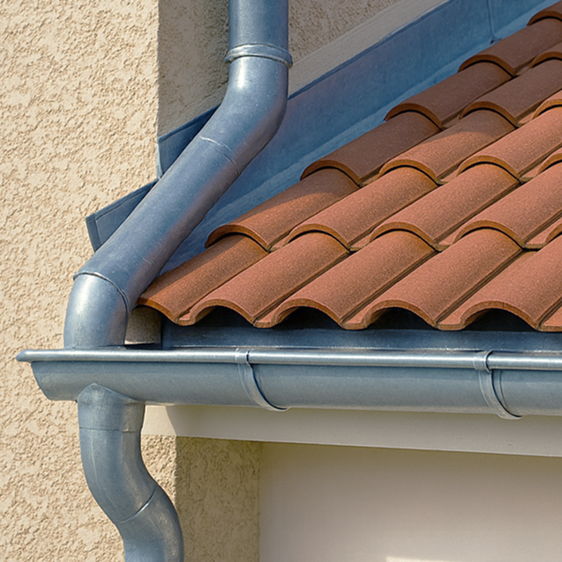 Gros plan d'un toit de maison avec des tuiles d'argile rouges incurv&eacute;es et un syst&egrave;me de goutti&egrave;res en m&eacute;tal argent&eacute;, pr&eacute;sentant des travaux de zinguerie dans le 41, attach&eacute;s au bord contre un mur beige textur&eacute;.