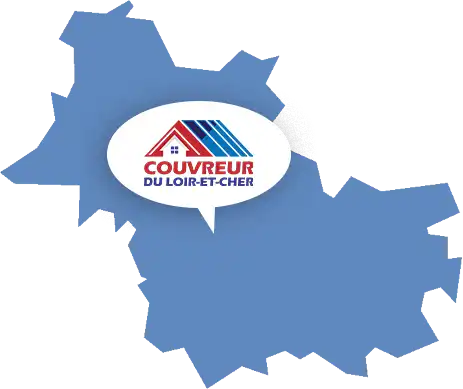 Zone intervention couvreur Loir-et-cher Une silhouette cartographique bleue met en évidence la zone d'intervention avec une bulle de dialogue montrant un logo de toit de maison rouge et bleu et le texte Couvreur du Loir-et-Cher.